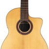 A yellow classical guitar with a wooden neck and silver-plated nylon strings.