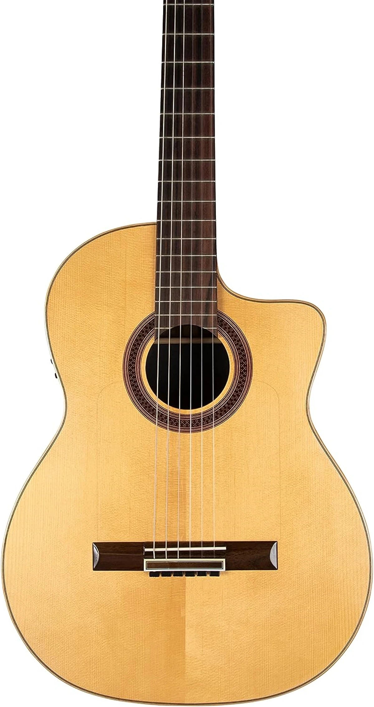 A yellow classical guitar with a wooden neck and silver-plated nylon strings.