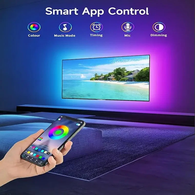 A hand holds a smartphone displaying a Smart App Control interface for ambient lighting features like Colour, Music Mode, Tim