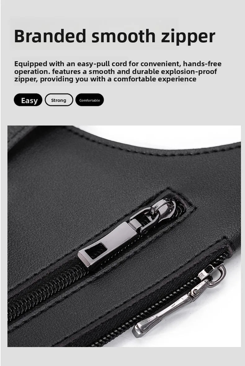 Close-up of a black zippered pocket on a wallet bag showing a silver zipper pull.