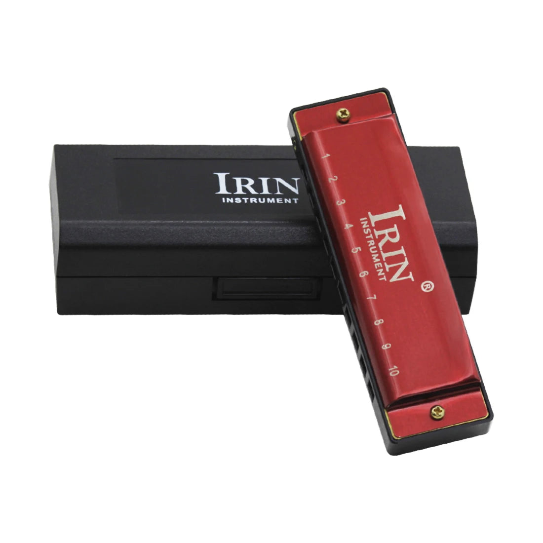 A red harmonica is shown inside its protective case with the IRIN instrument label visible.