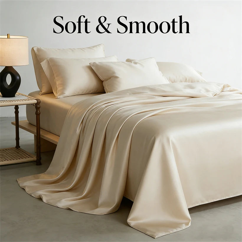 A luxurious beige duvet cover set with soft folds and white pillows on a bed.
