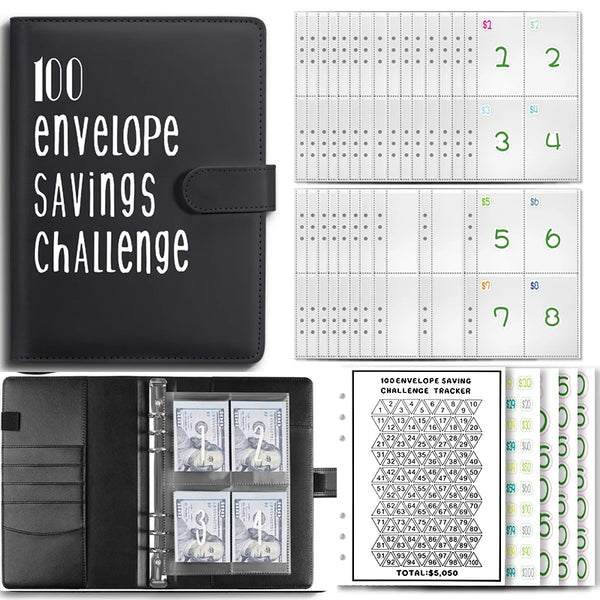 A black leather wallet with a clear plastic sleeve showing cash savings challenge trackers and envelopes.