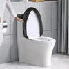 A white toilet with a black stretchable seat and tank cover installed in a bathroom setting.