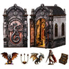 A DIY wooden book nook kit featuring a detailed dragon treasure labyrinth bookshelf decor.