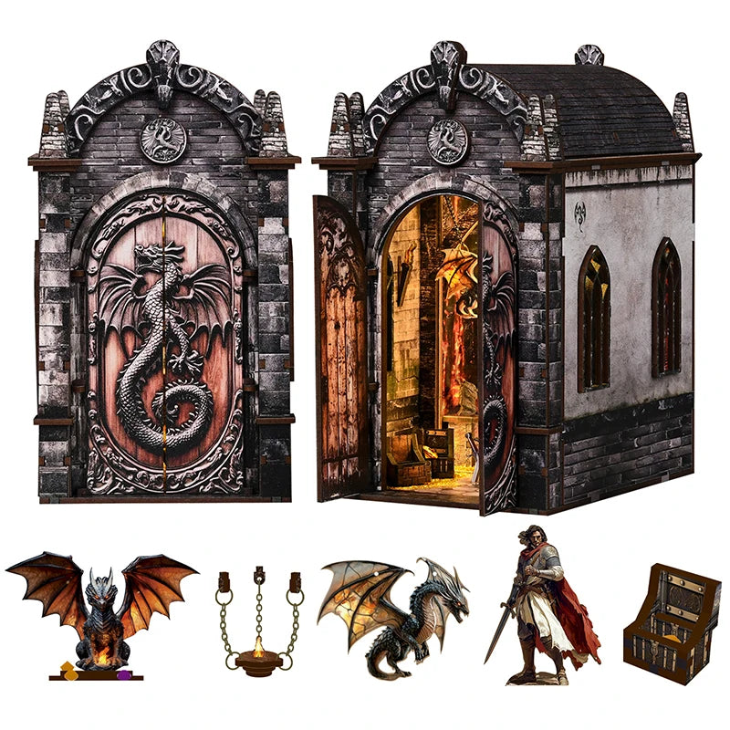 A DIY wooden book nook kit featuring a detailed dragon treasure labyrinth bookshelf decor.