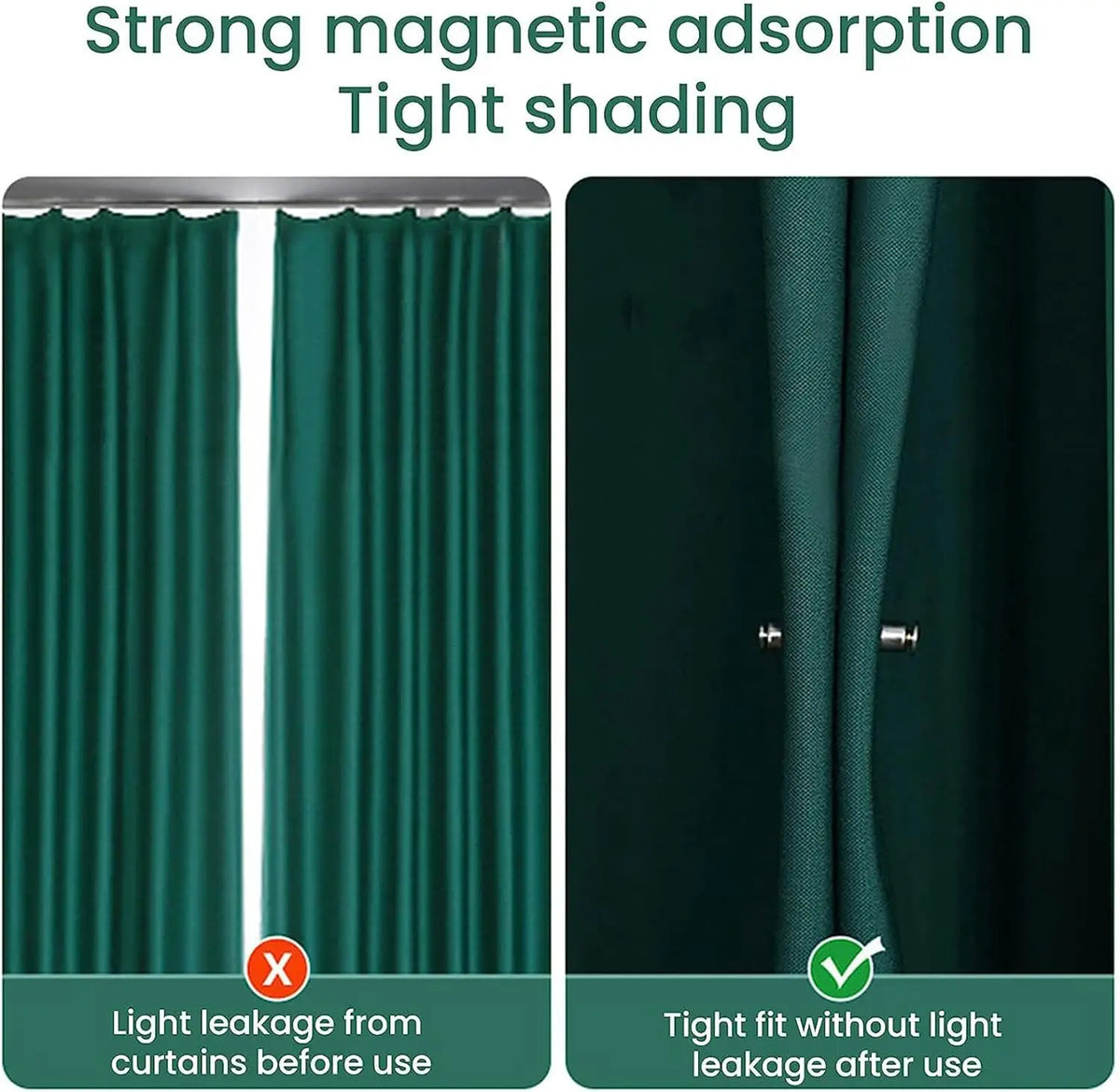 Close-up of dark green magnetic curtain clips demonstrating tight shading and light leakage prevention.