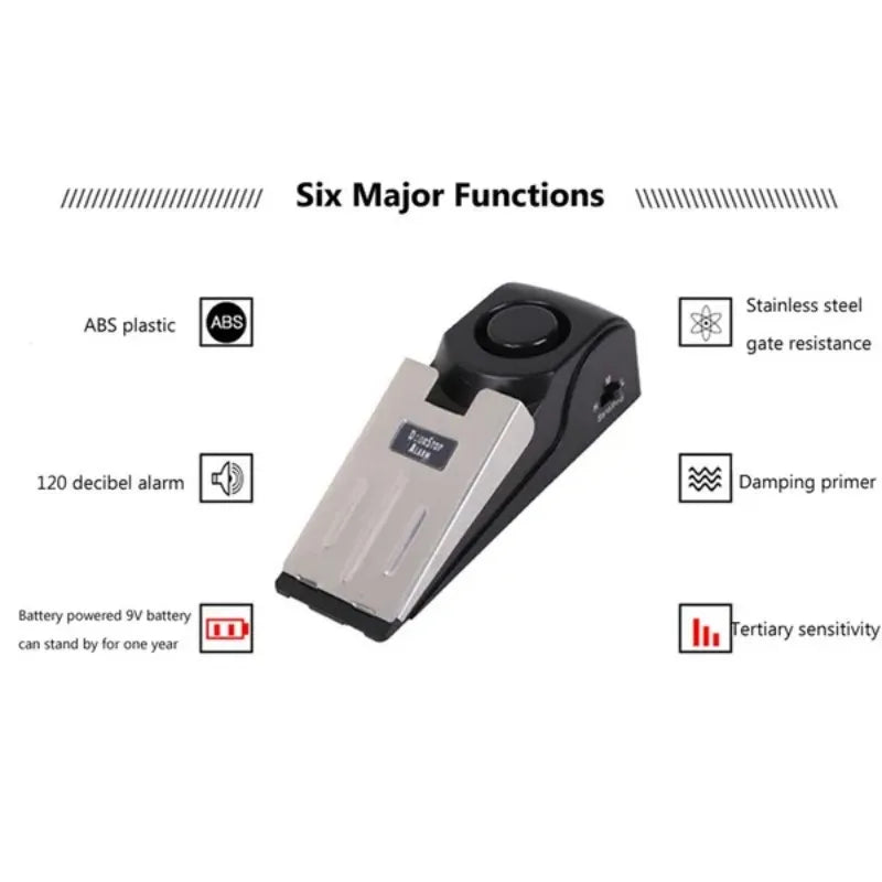 A black wireless door stop alarm device with a silver plate, highlighting six major functions.