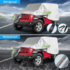 Red Jeep Wrangler covered with a white waterproof and windproof outdoor car cover in various weather conditions.