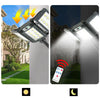 Solar powered motion sensor outdoor wall light showing different lighting modes under sun, moon, and darkness.
