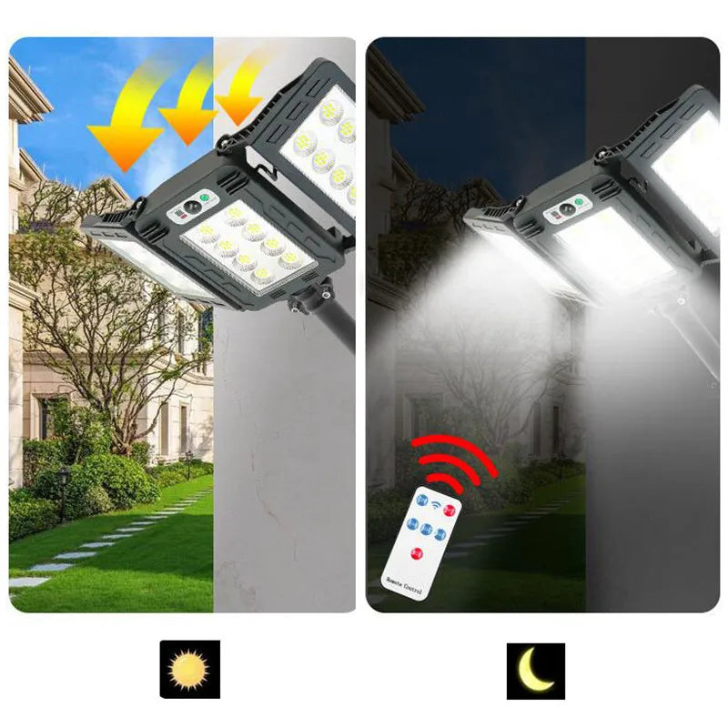 Solar powered motion sensor outdoor wall light showing different lighting modes under sun, moon, and darkness.