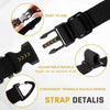 Close-up view of a black heavy duty extension cord organizer strap with an adjustable buckle and triangle design details.