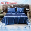 Blue ice silk bed sheets with a pillowcase and decorative snowflakes on a bed.