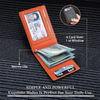 Orange, schlankes Kunstleder-Wallet mit Kartenfächern, Ausweisfenster und Geldschnalle auf dunklem Stoff.