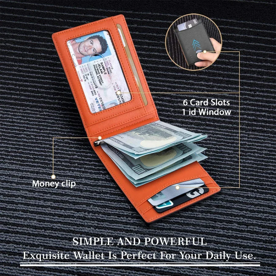 Orange, schlankes Kunstleder-Wallet mit Kartenfächern, Ausweisfenster und Geldschnalle auf dunklem Stoff.