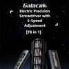 A black electric precision screwdriver set with a magnetic case and battery is shown against a dark, starry background.