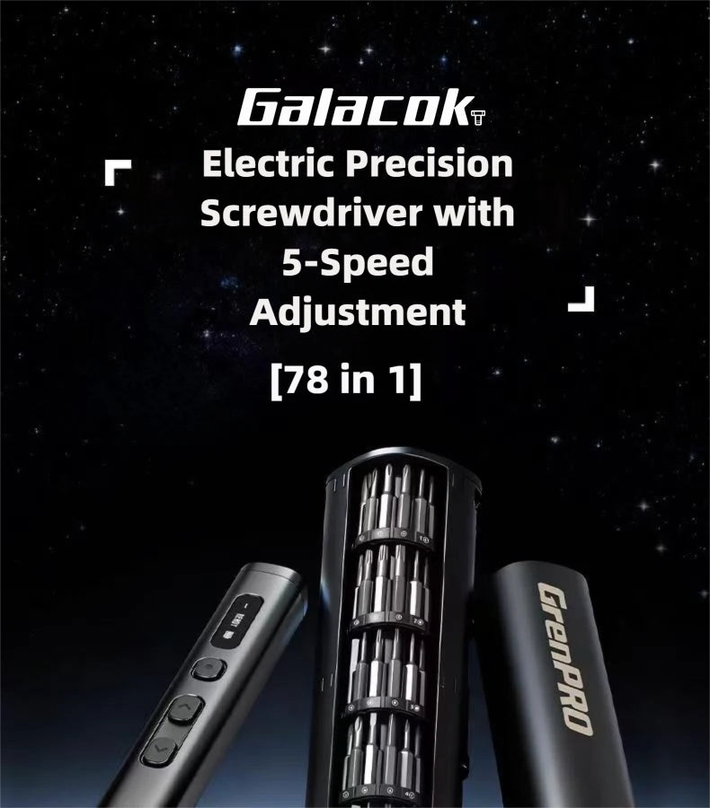A black electric precision screwdriver set with a magnetic case and battery is shown against a dark, starry background.