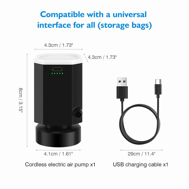 Black cordless electric air pump and USB charging cable for storage bags