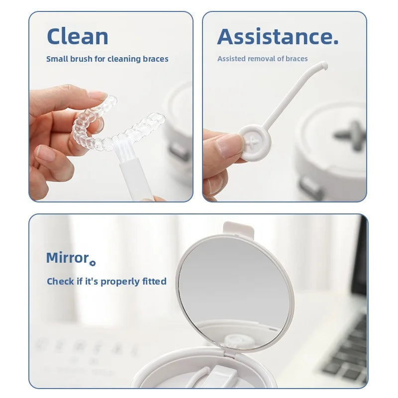 A set of tools for cleaning braces, including a small brush and an assistance tool, shown alongside a mirror for checking fit