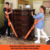 Two people using orange furniture moving straps to secure a wooden cabinet during a move.