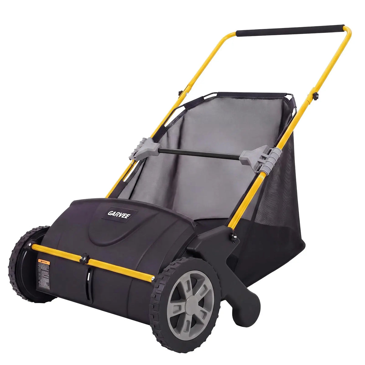 A black push lawn sweeper with a yellow handle and large hopper is shown from the side.