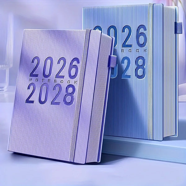 Lila und blaues dreijähriges monatliches Planner für die Jahre 2026, 2027 und 2028.