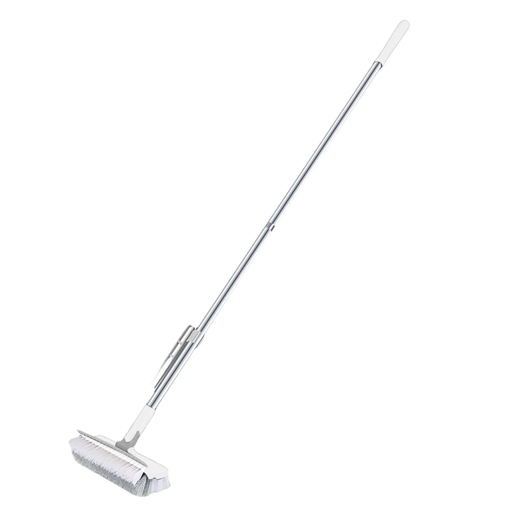 A long handle floor scrub brush with a rotating head for cleaning floors.
