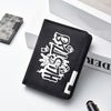 A black men's compact double-fold wallet with white text and design is shown next to a silver box.