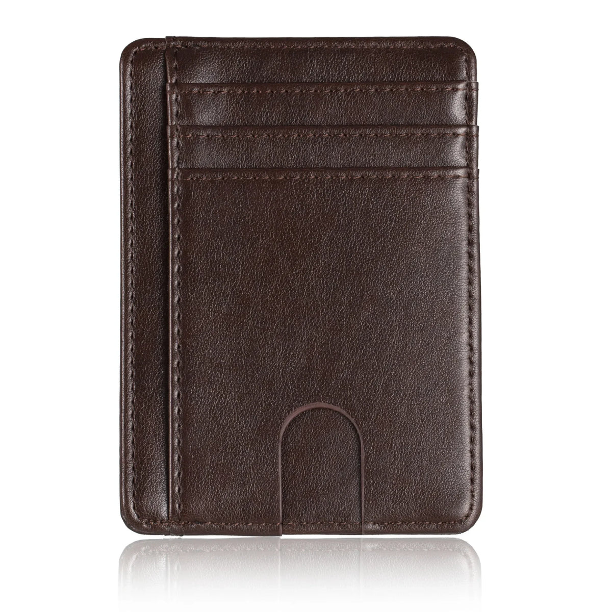 A dark brown slim leather wallet with a fold-over design.