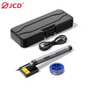 A black cordless USB soldering iron with an adjustable temperature and LED display, shown next to its cable and tip.