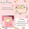 Pink gift tags with birthday messages and various colors are shown on a pink box.
