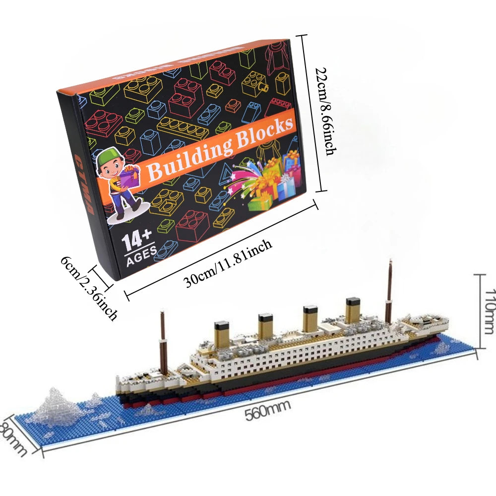A building block set of a Titanic ship model kit shown assembled on a blue baseplate.
