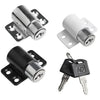 Two silver and black sliding door window locks with keys shown in various angles