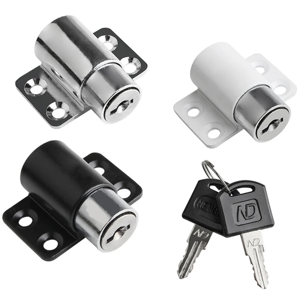 Two silver and black sliding door window locks with keys shown in various angles