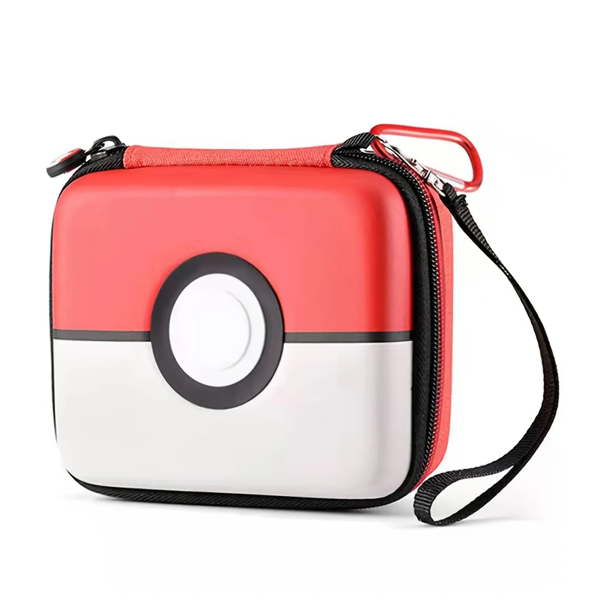 A red and white hard-shell storage box for trading cards with a black strap.