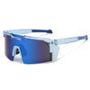 Blue polarized sports sunglasses with a translucent frame and dark blue lenses