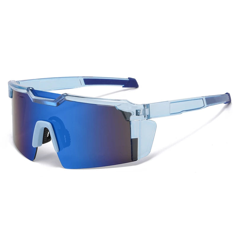 Blue polarized sports sunglasses with a translucent frame and dark blue lenses