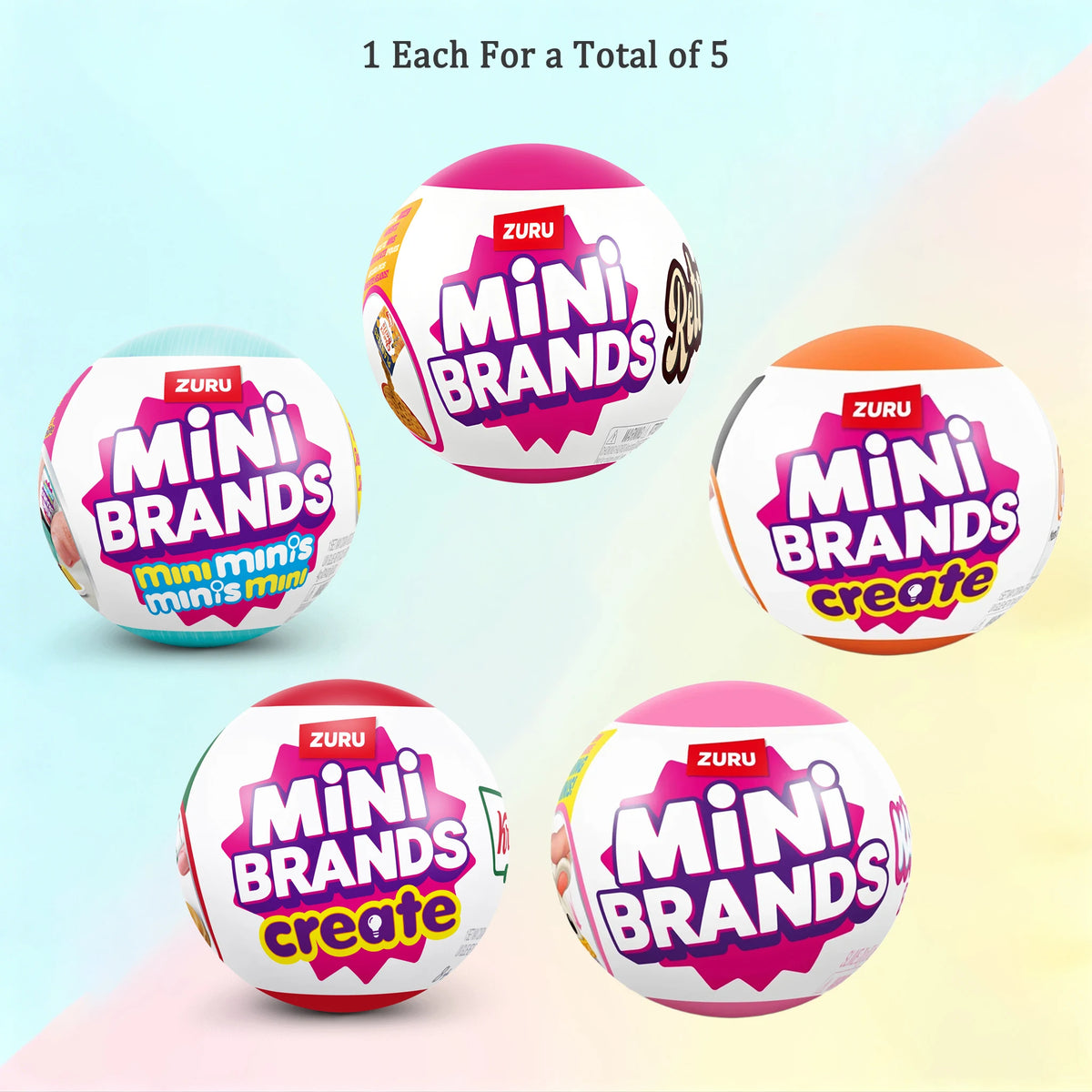 Five Zuru Mini Brands create blind boxes of miniature food items in various colors and packaging.