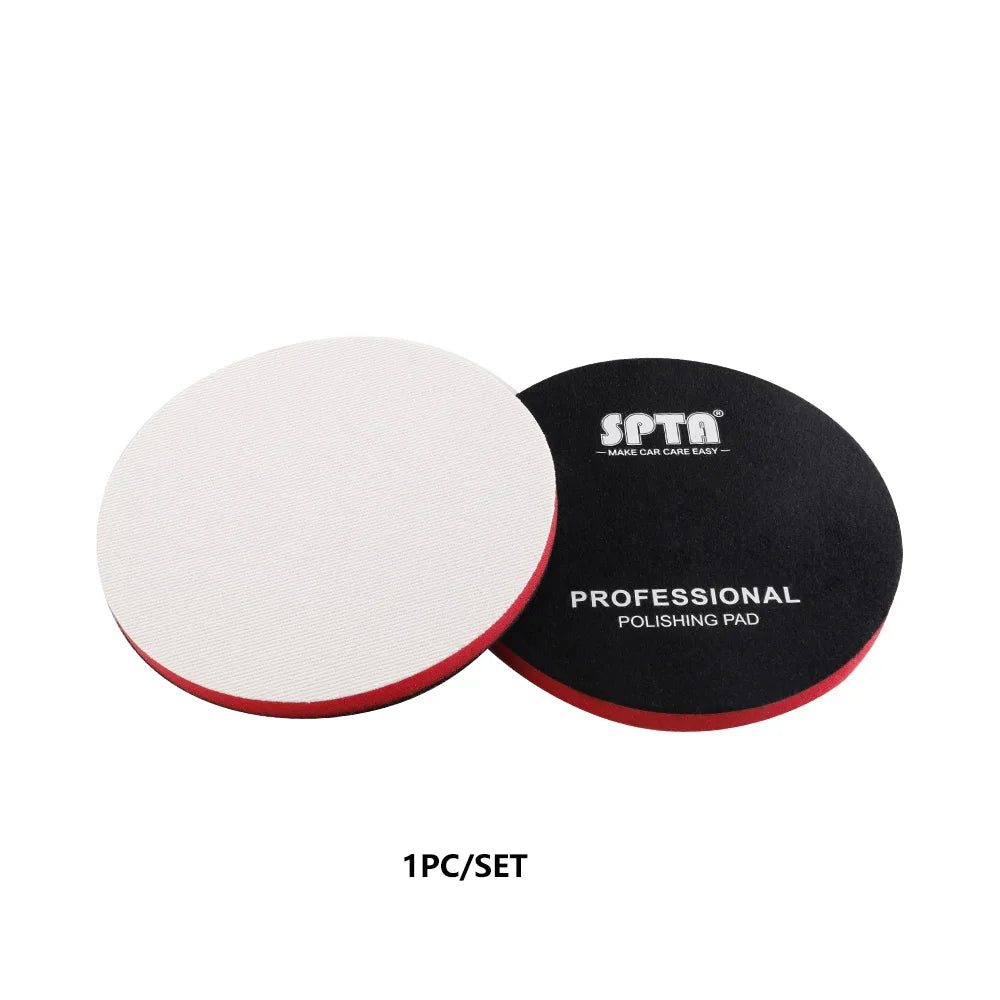 A black polishing pad with a white center and red edge, labeled as a professional polishing pad for orange-peel removal.
