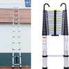 A silver telescopic ladder with a removable roof hook is shown standing upright against a wall.