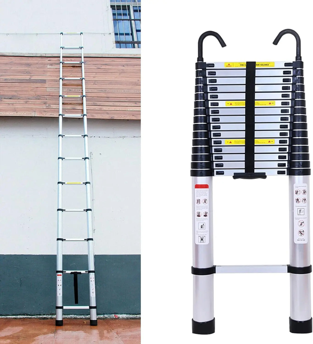 A silver telescopic ladder with a removable roof hook is shown standing upright against a wall.