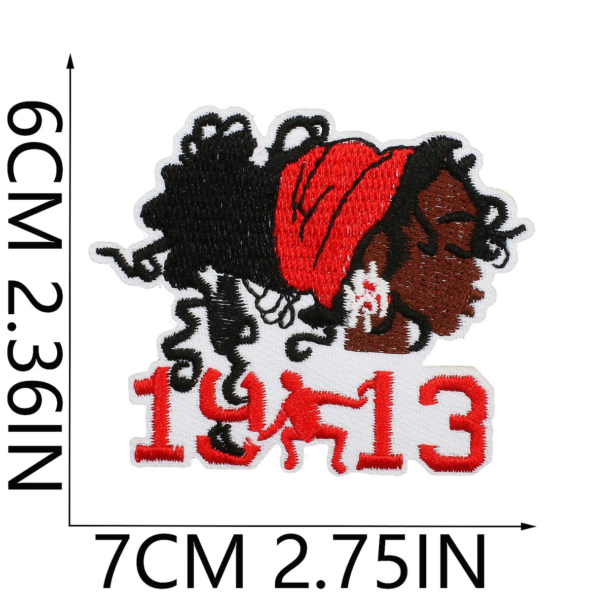 Embroidered patch featuring a silhouette of a woman in red and black, with the year 1913 below it.