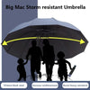 A large black umbrella is shown protecting a family from heavy rain, demonstrating its storm resistance.