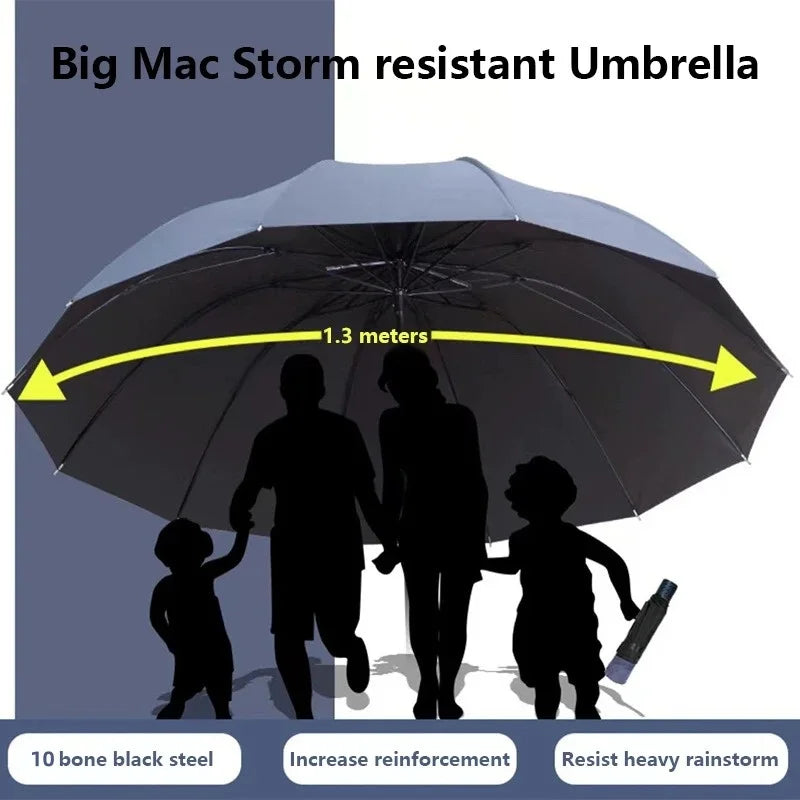 A large black umbrella is shown protecting a family from heavy rain, demonstrating its storm resistance.