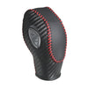 Black carbon fiber gear shift knob cover with red stitching and a silver accent.