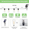 98 feet of ST38 globe string lights with 50 sockets and E12 bases, featuring waterproof bulbs and solar power.