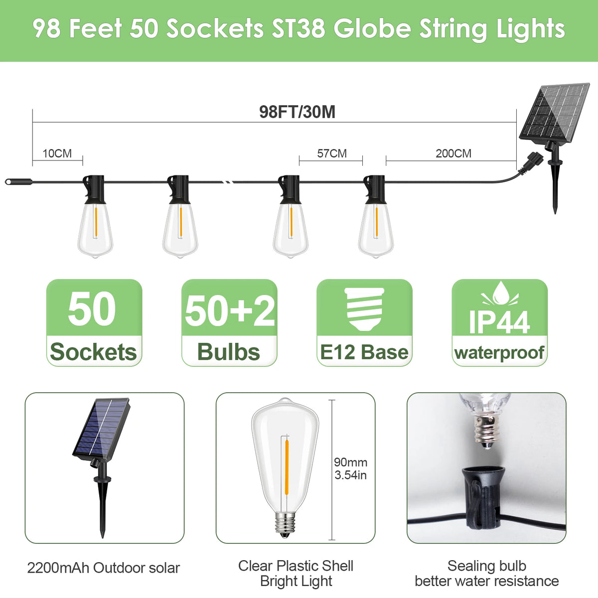 98 feet of ST38 globe string lights with 50 sockets and E12 bases, featuring waterproof bulbs and solar power.