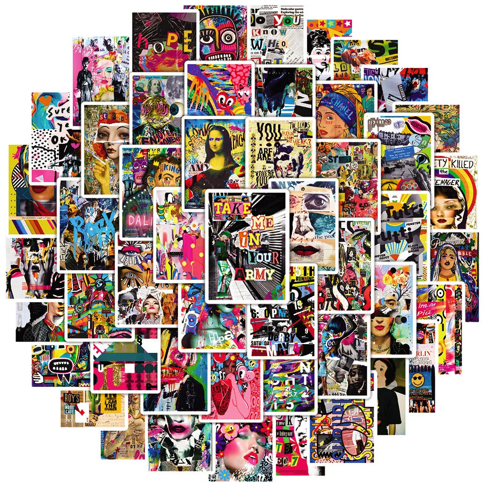 A vibrant collage of artistic stickers featuring various faces, abstract designs, and colorful patterns.