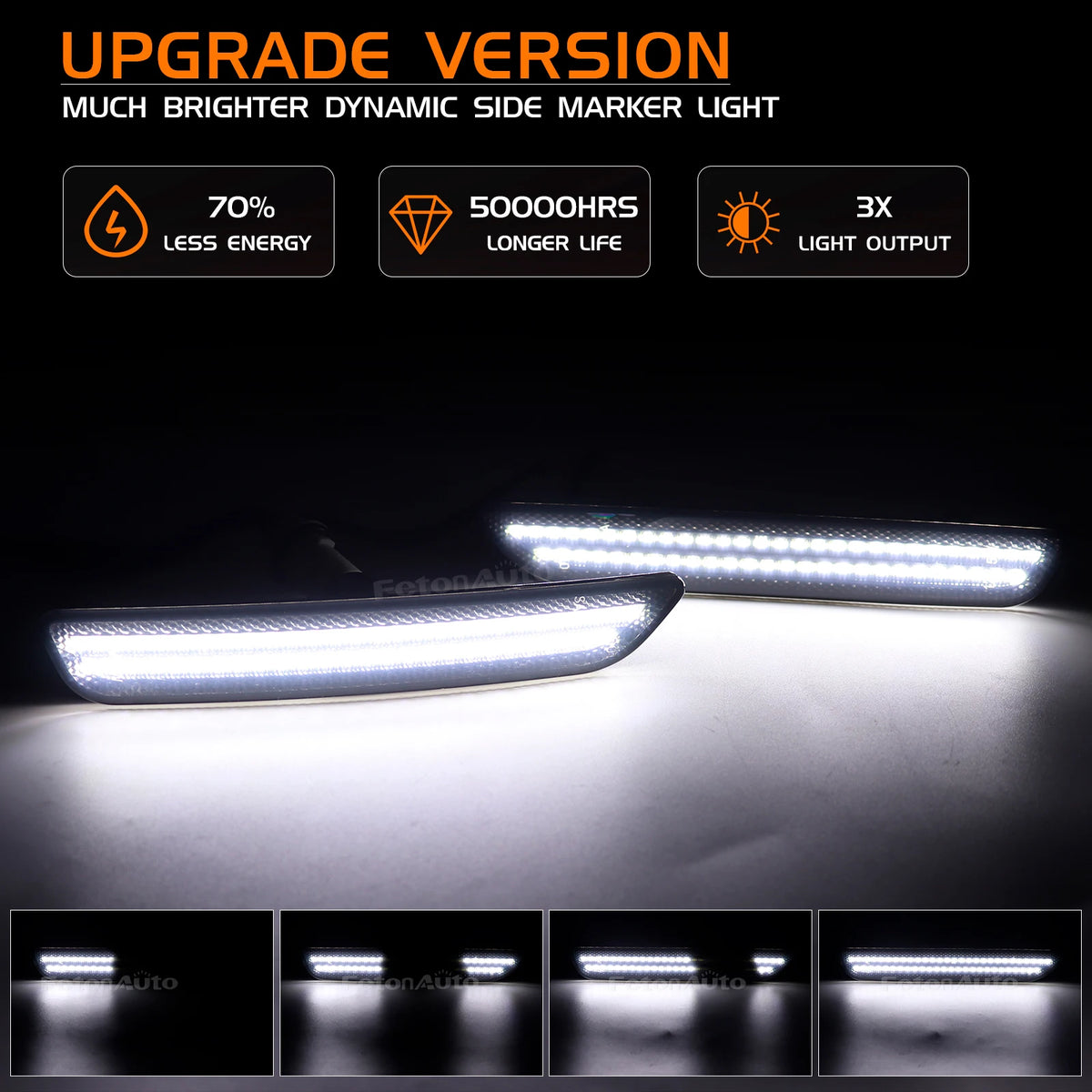 A close-up view of a bright LED side marker light installed on a vehicle, highlighting its upgraded features.