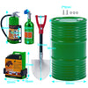 A set of 1/10 scale RC crawler decoration including a fire extinguisher, oil drum, and shovel.